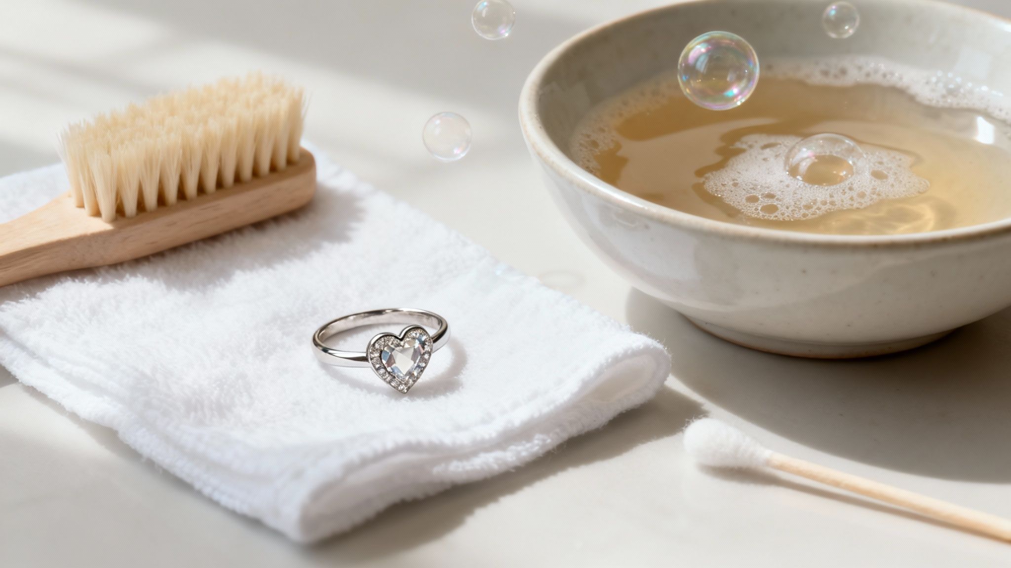 A person gently cleaning a heart birthstone ring with a soft cloth.