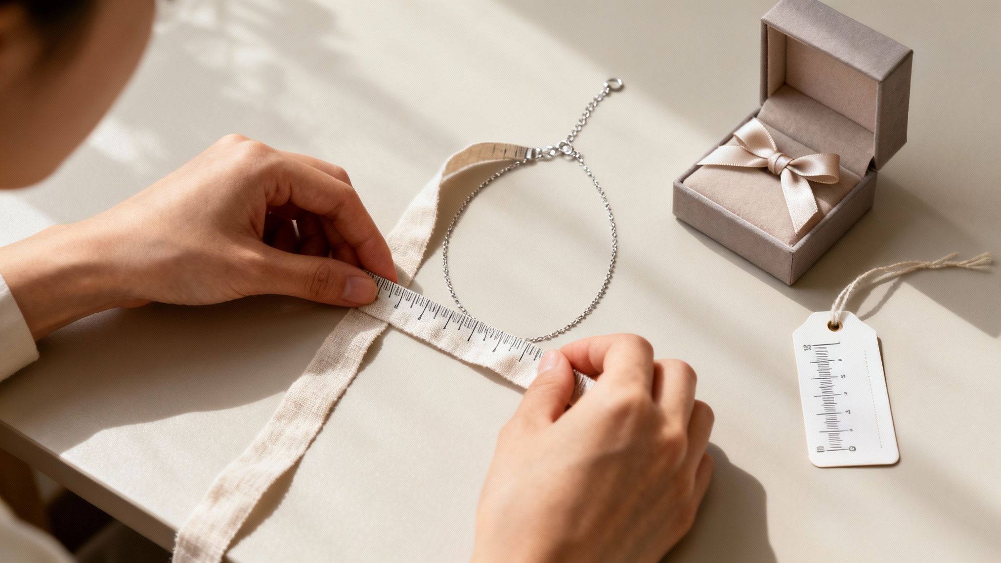 Hands measure a silver chain bracelet with a fabric tape, next to a gift box and tag.