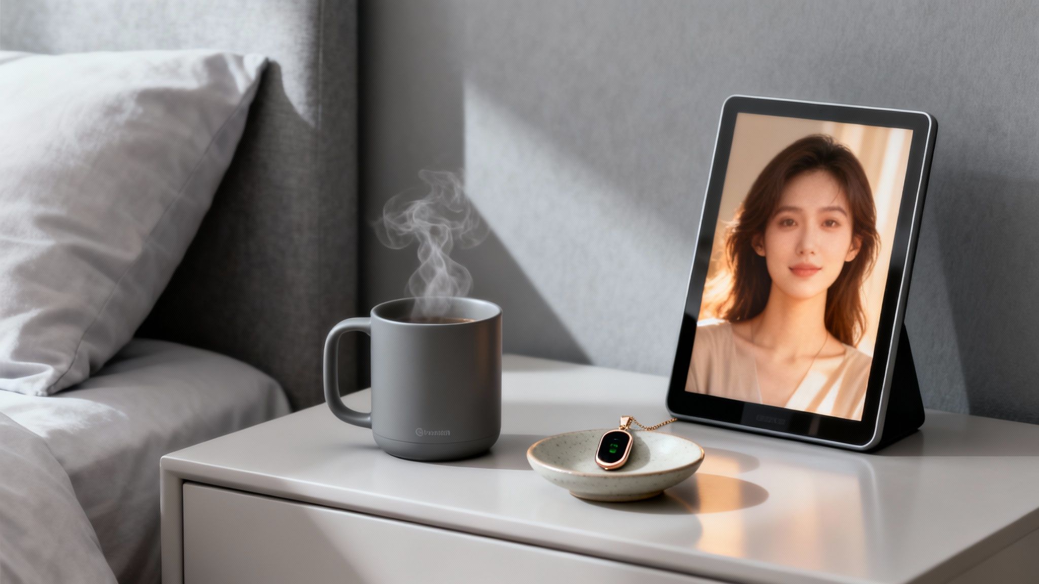 A bedside table features a steaming grey mug, a pendant on a dish, and a tablet showing a woman.