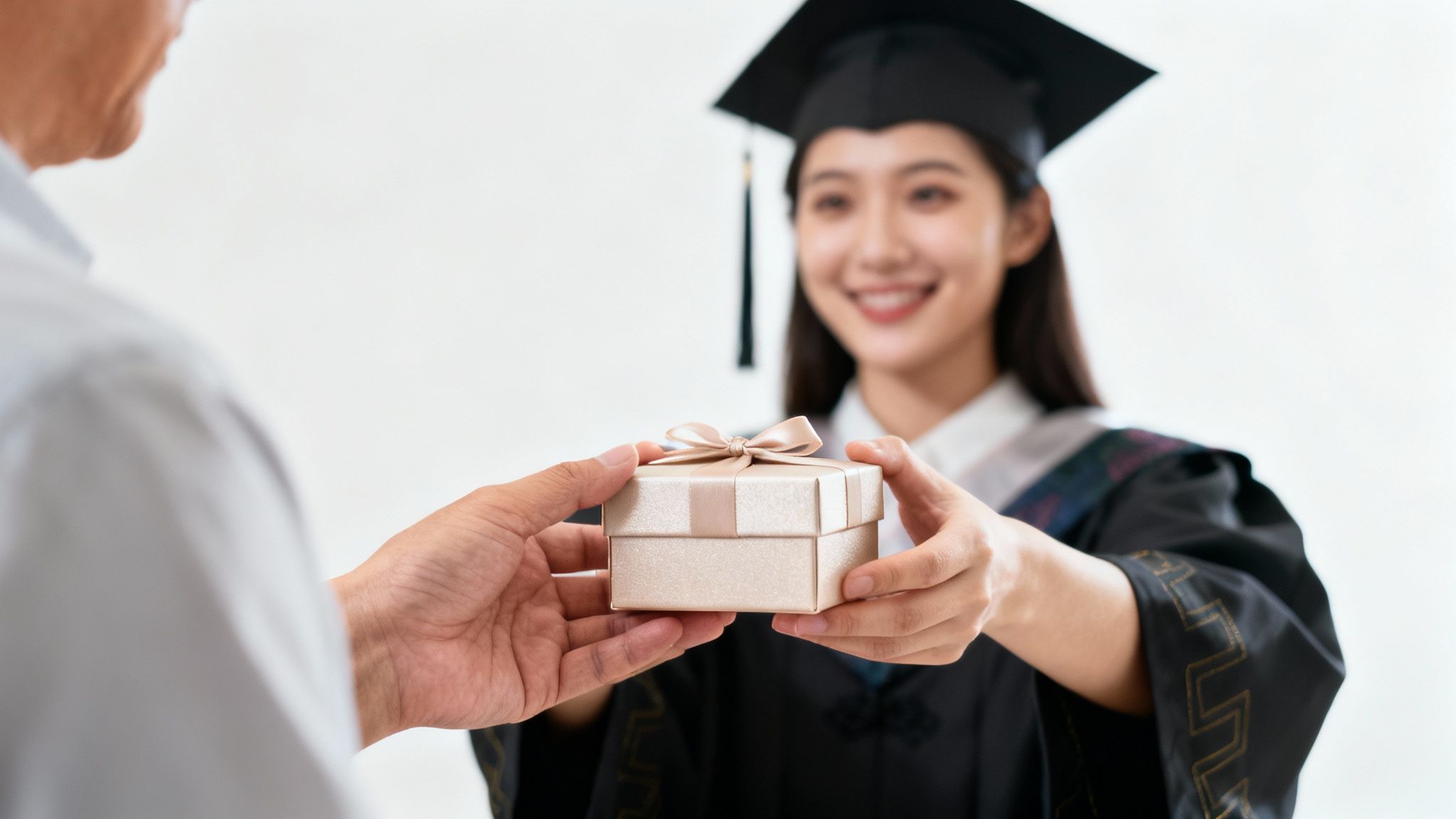 A smiling female graduate in cap and gown receives a gift from an adult's hands.