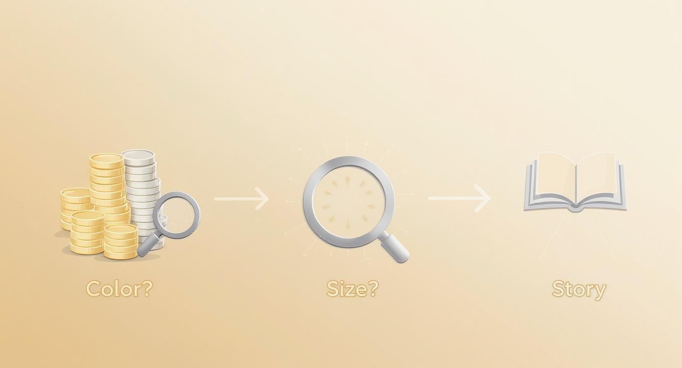 An infographic decision tree helping users choose jewelry based on color, size, and story.