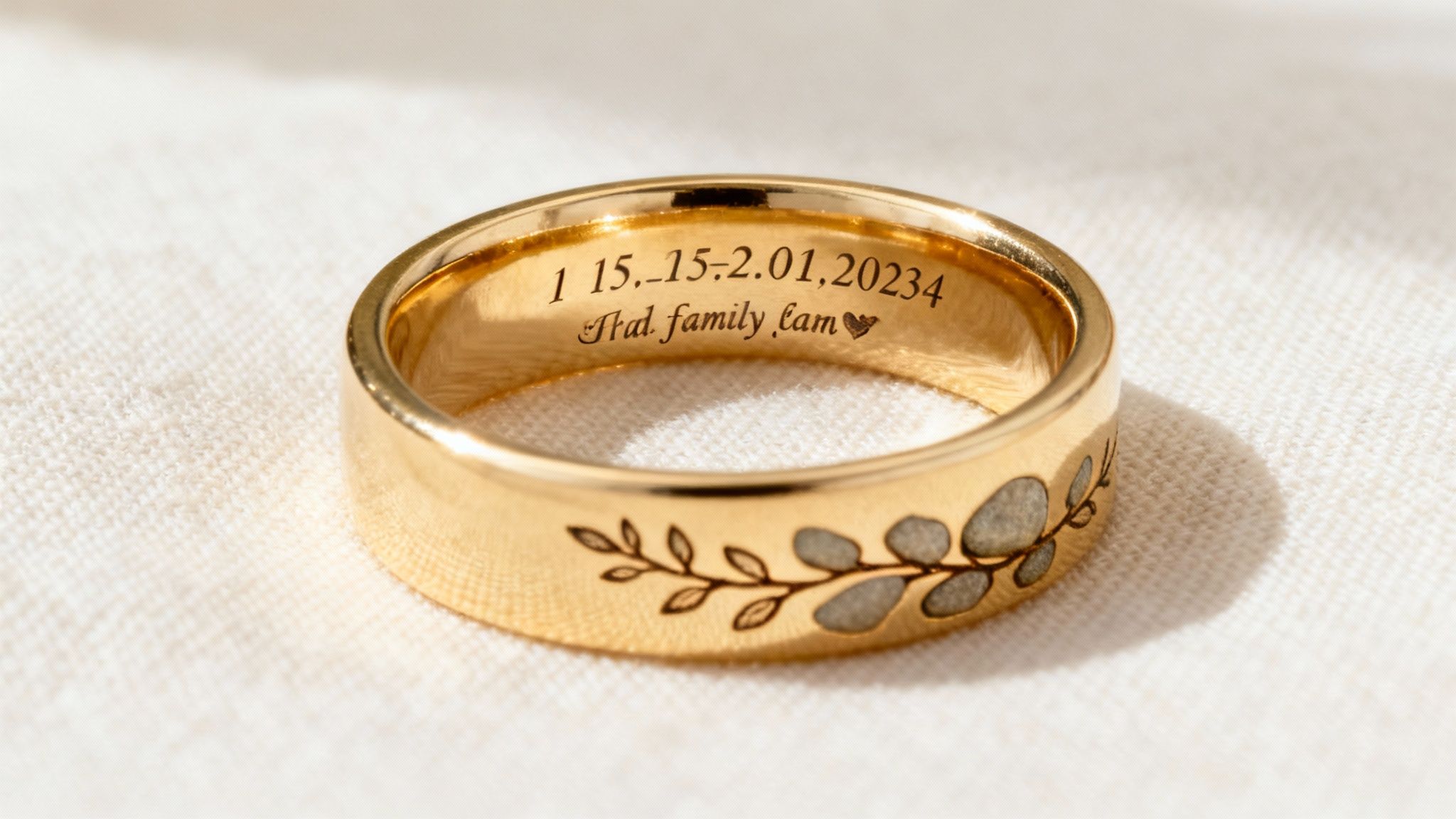 A close-up of a personalized ring with engravings on the band.