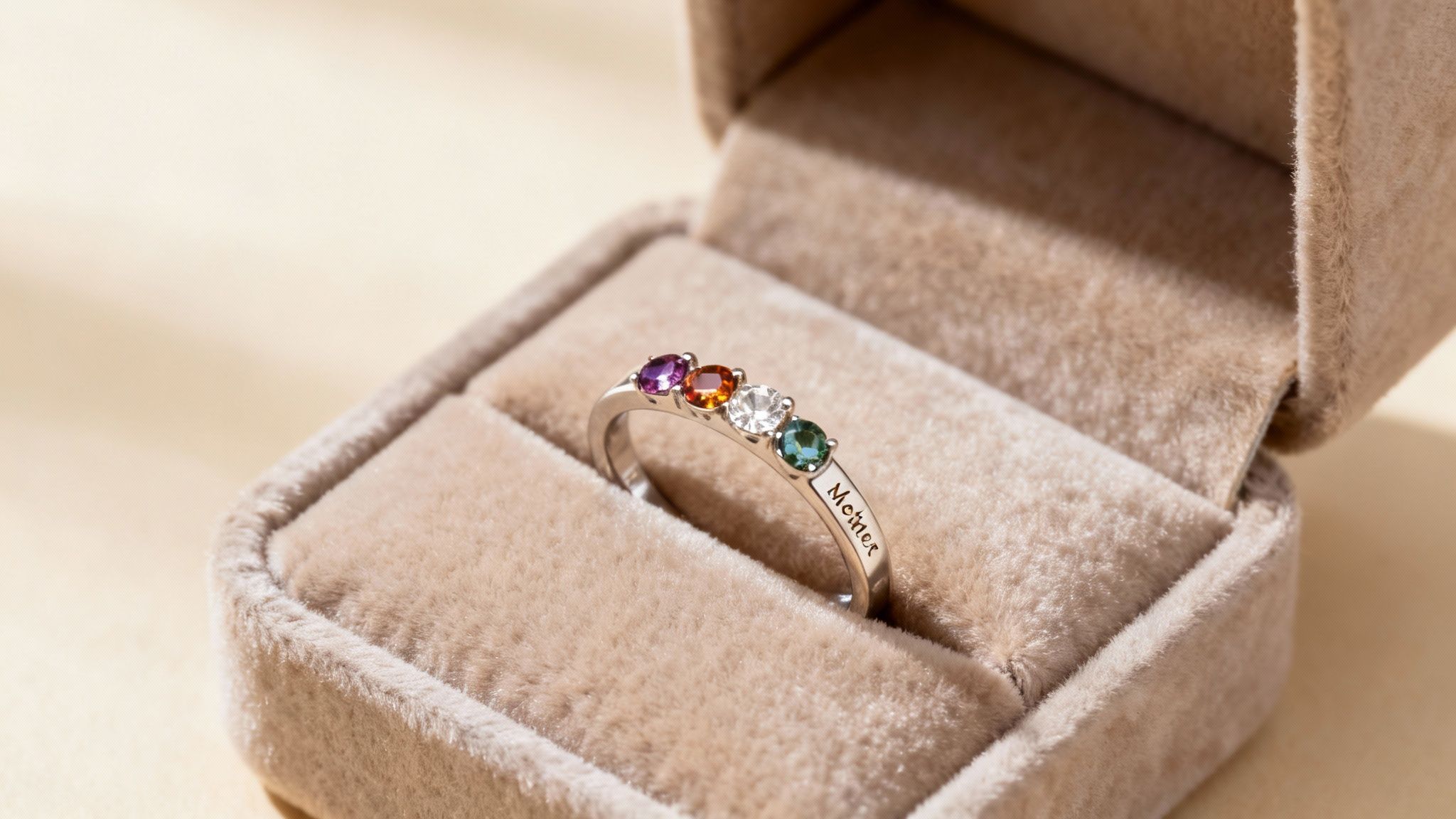 Elegant silver ring featuring four multicolored birthstones and engraved "Mother" text, nestled in a velvet box.
