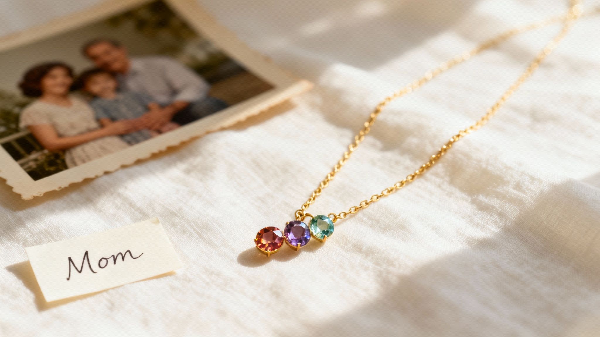 A gold necklace with three colorful birthstones lies on white fabric, with a 'Mom' note and family photo.