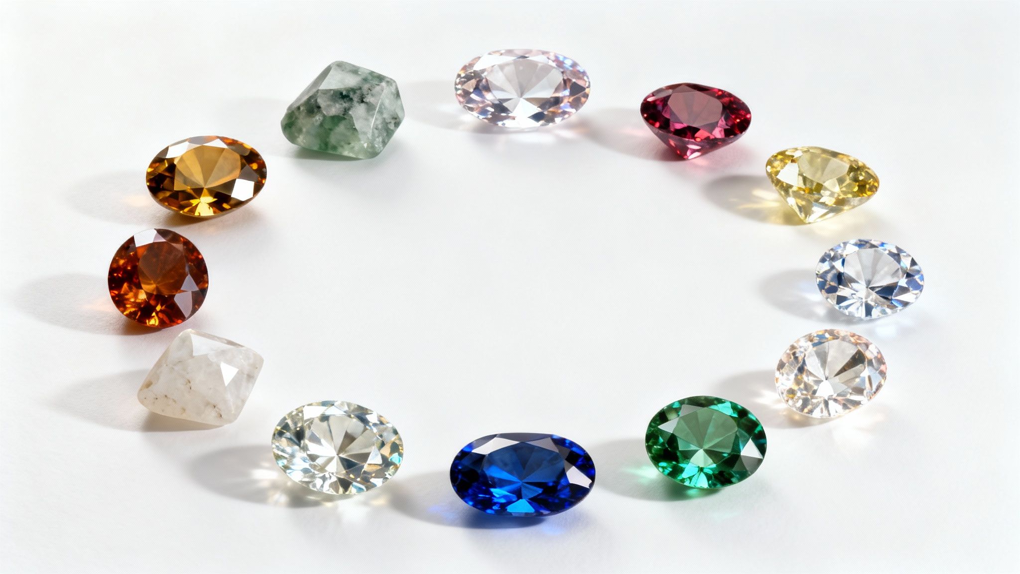 A collection of colorful birthstones in various shapes and sizes