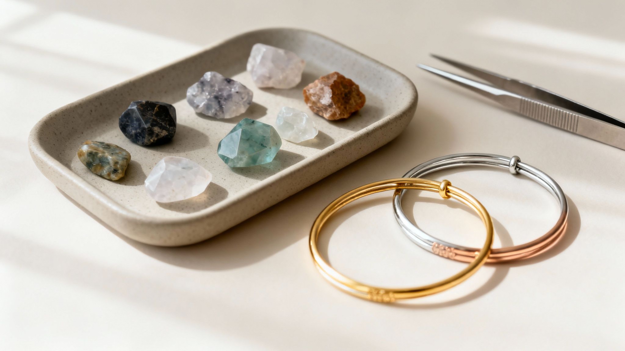 Natural rough gemstones in a ceramic tray, with three metallic bracelets and tweezers on a table.