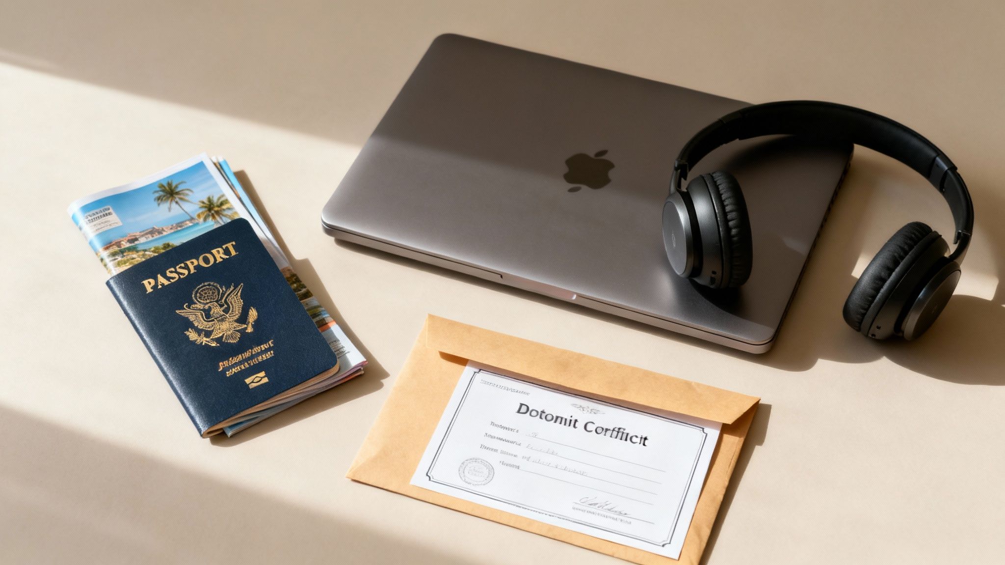 Flat lay of a US passport, travel brochures, laptop, and headphones on a beige surface.