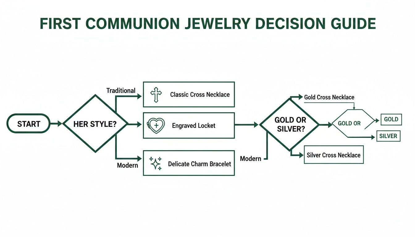 A flowchart guiding the selection of First Communion jewelry based on style and metal preference.