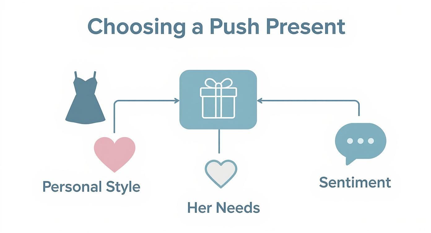 A diagram titled 'Choosing a Push Present' shows factors: Personal Style (dress, pink heart), Her Needs (outline heart), and Sentiment (chat bubble), all pointing to a gift box icon.