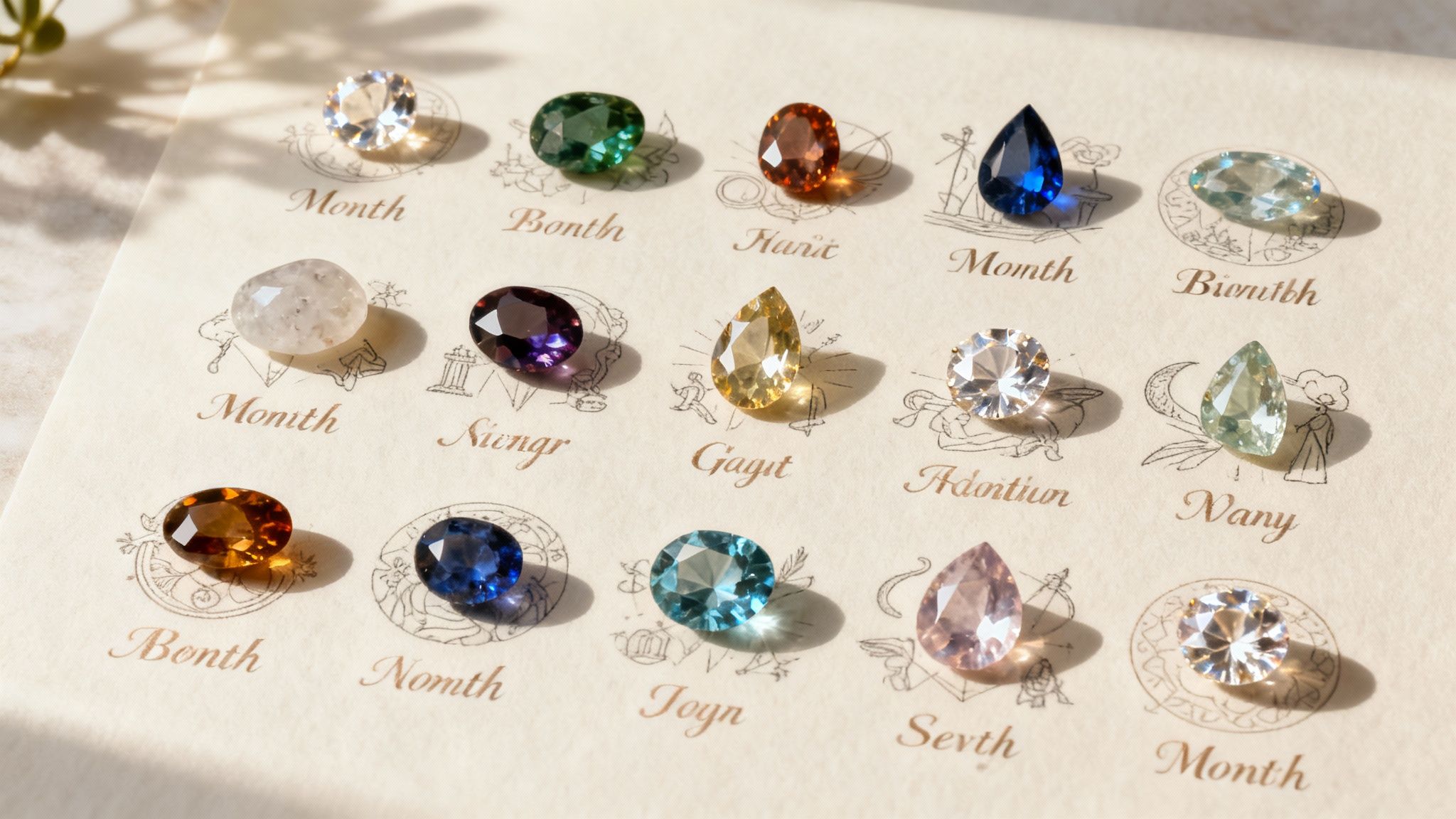 An artistic display of various colorful birthstones arranged in a circle