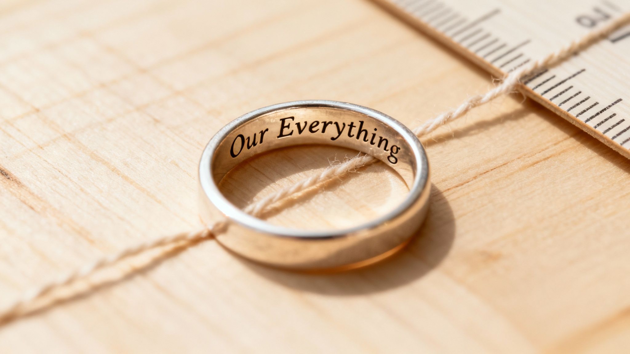 A close-up of a silver ring engraved with "Our Everything" on a light wooden surface, secured by twine.