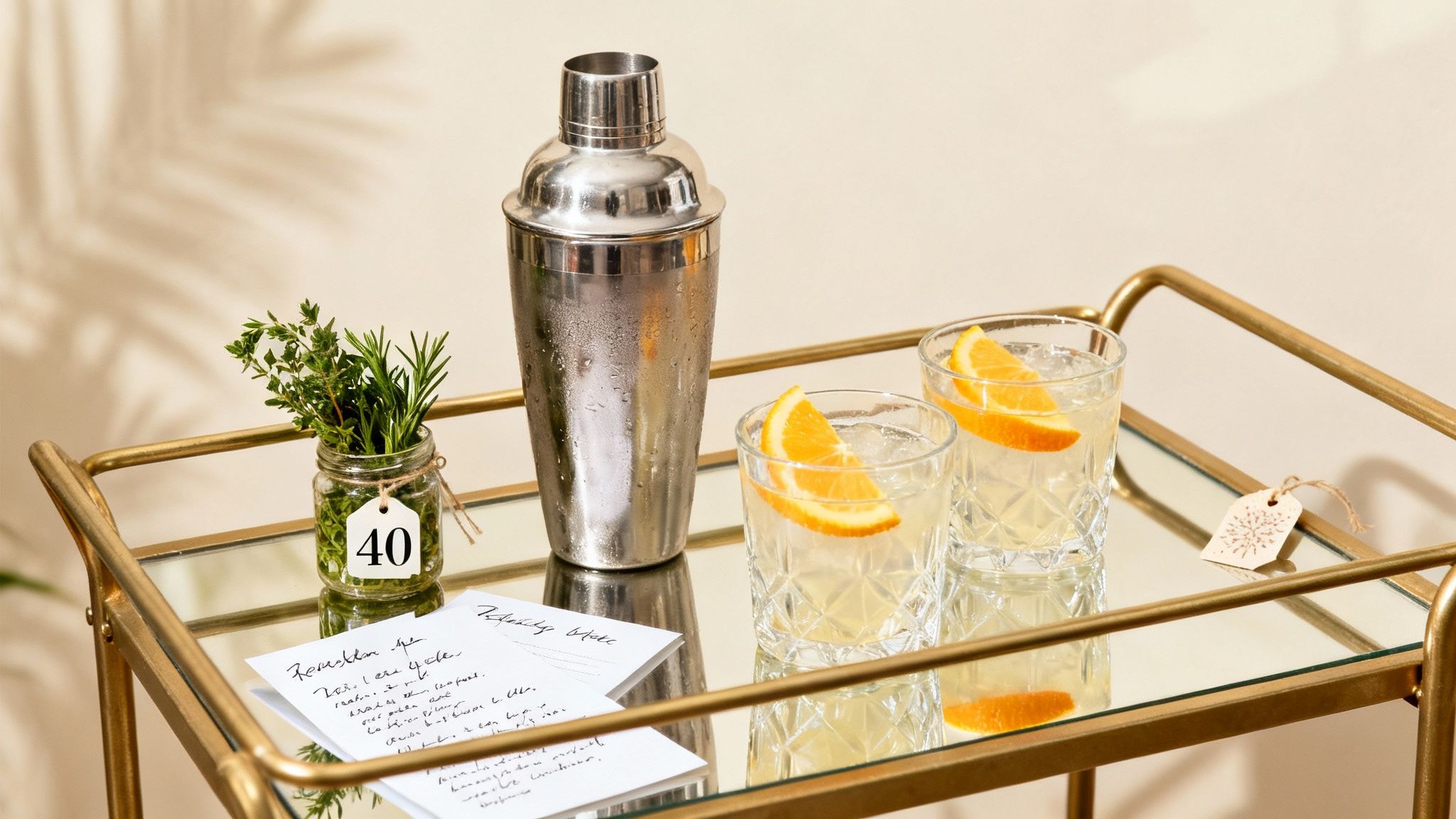 Elegant bar cart with cocktail shaker, drinks with orange garnish, and number 40 decoration