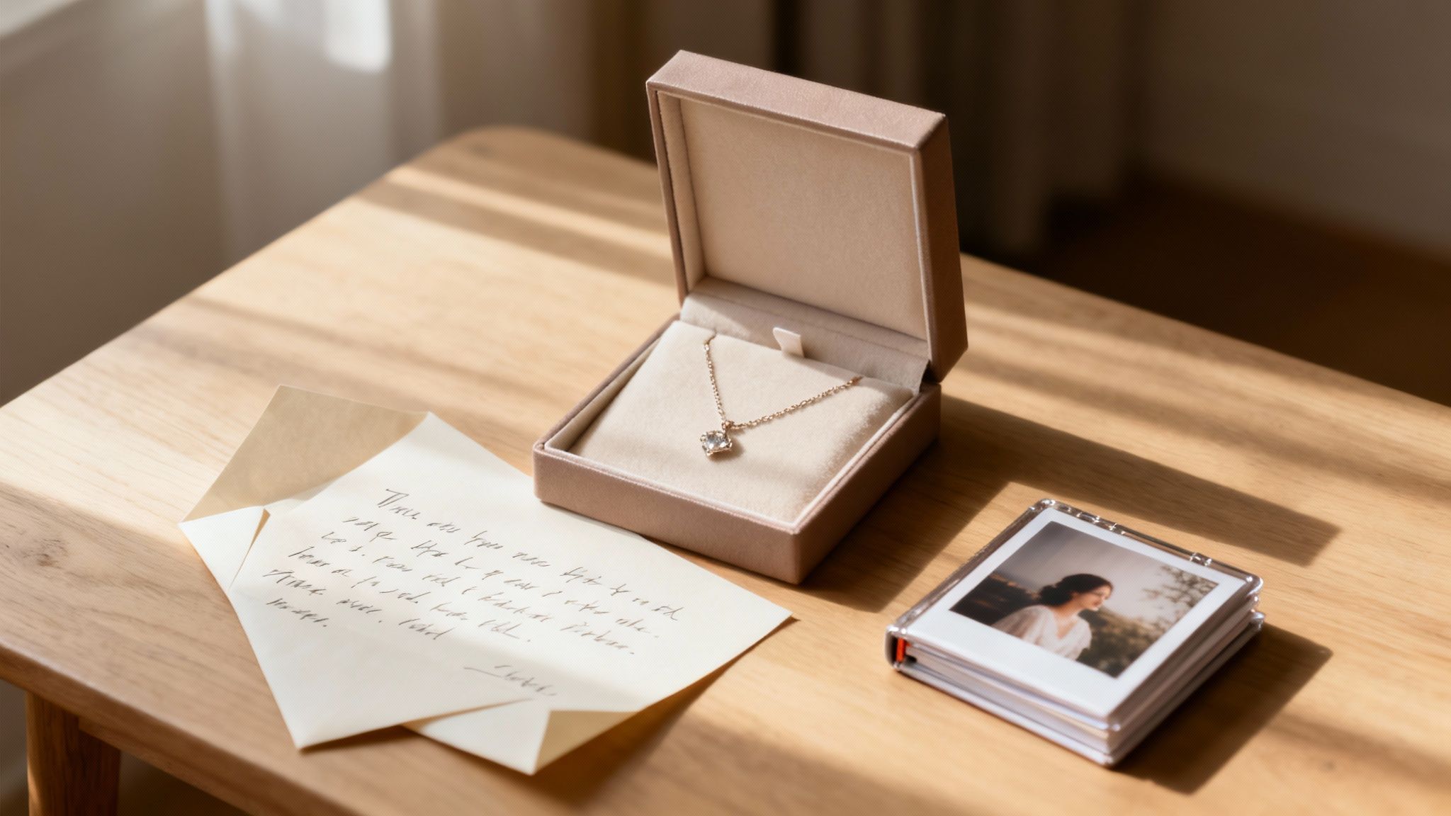 A delicate necklace in a beige gift box, a handwritten letter, and instant photos on a wooden table.