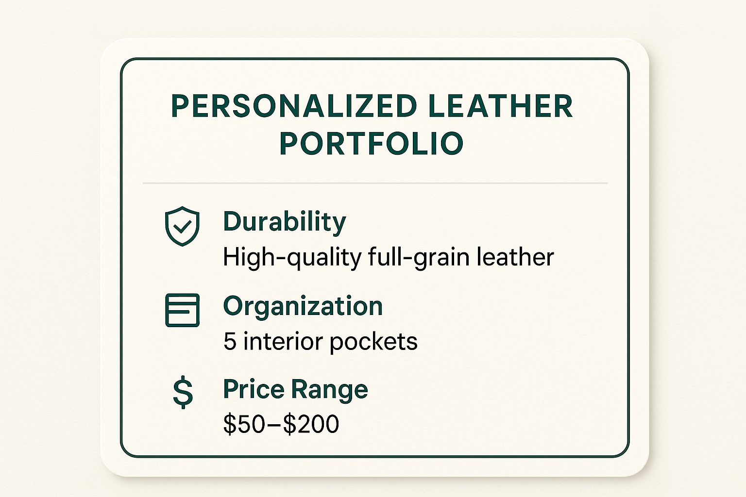 Infographic showing key data about Personalized Leather Portfolio or Padfolio