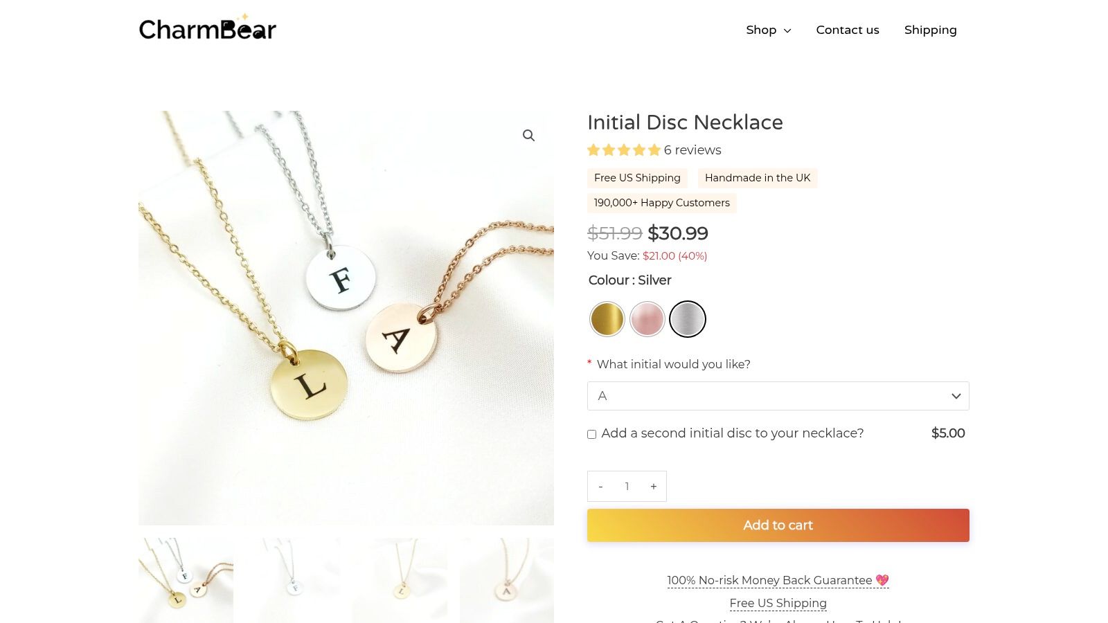 Charm Bear initial disk necklace