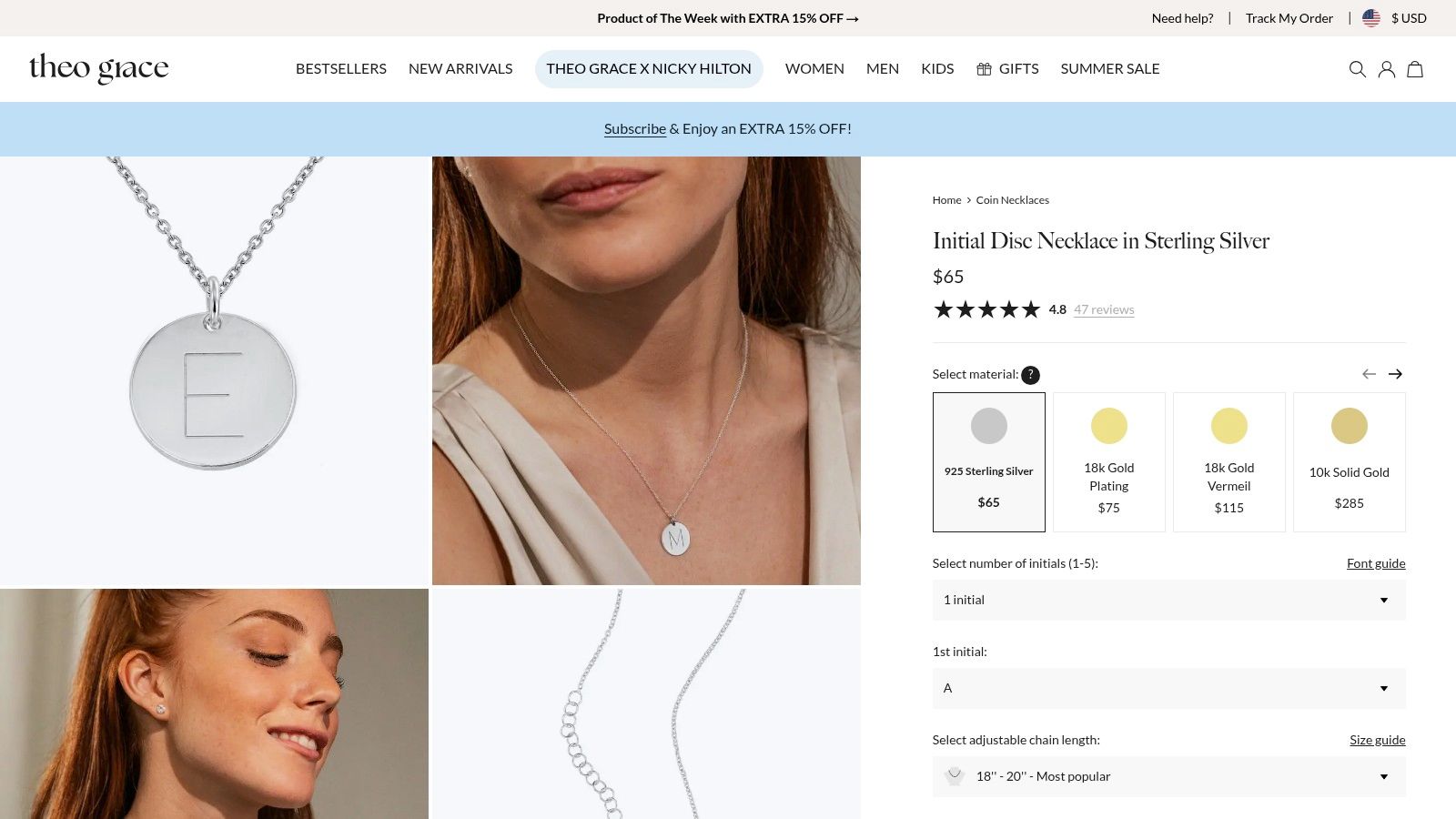 MYKA initial disk necklace on a light background
