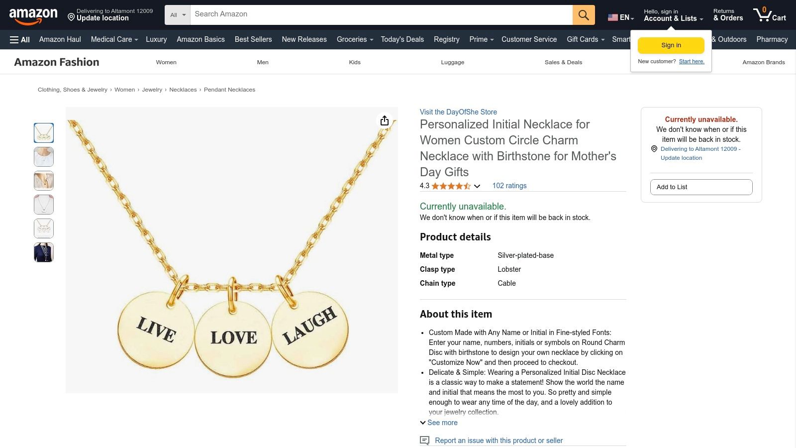 Amazon – DayOfShe Store initial disk necklace with birthstone