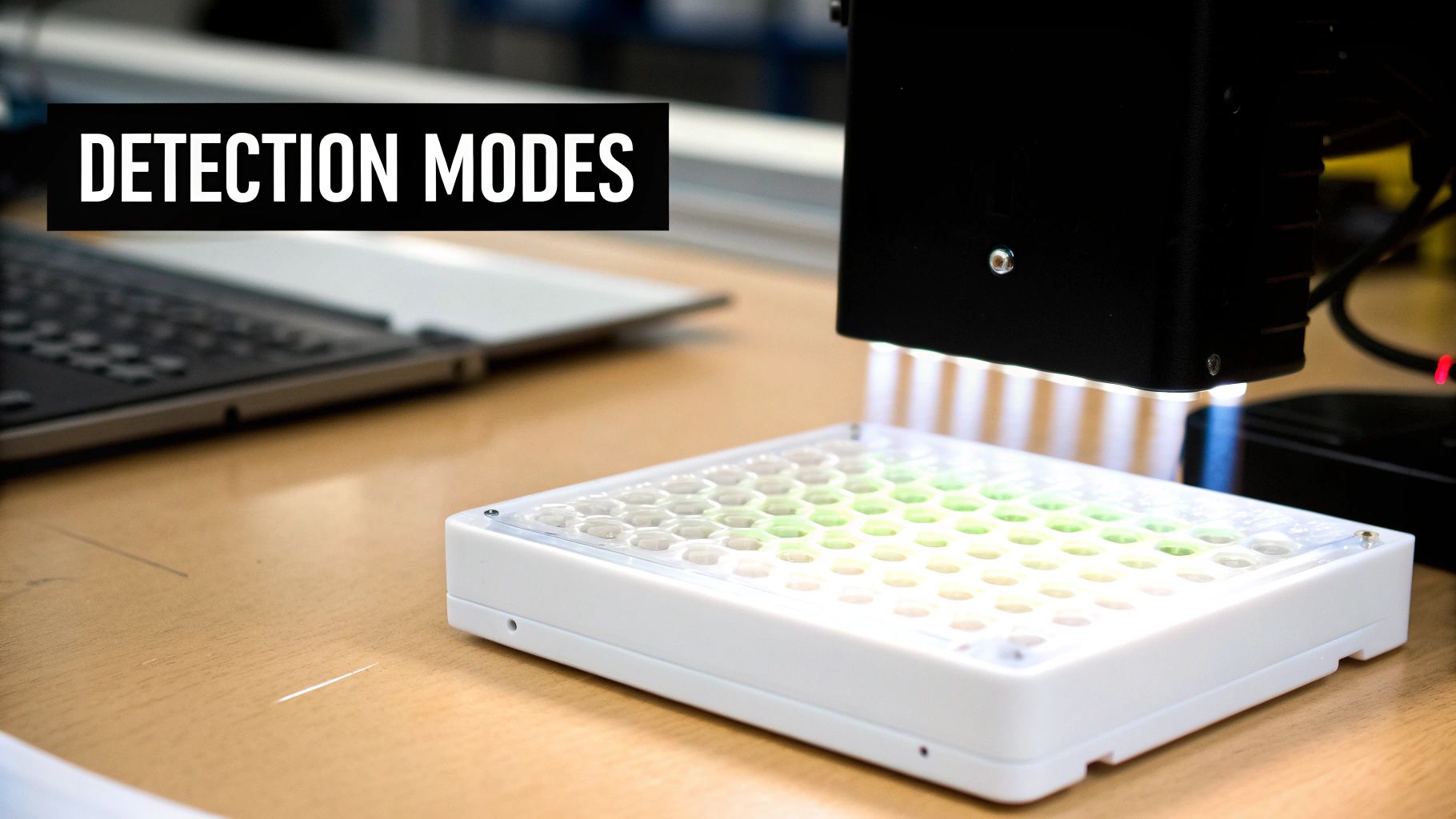 A microplate reader illuminates a 96-well plate with glowing green samples, showcasing detection modes.