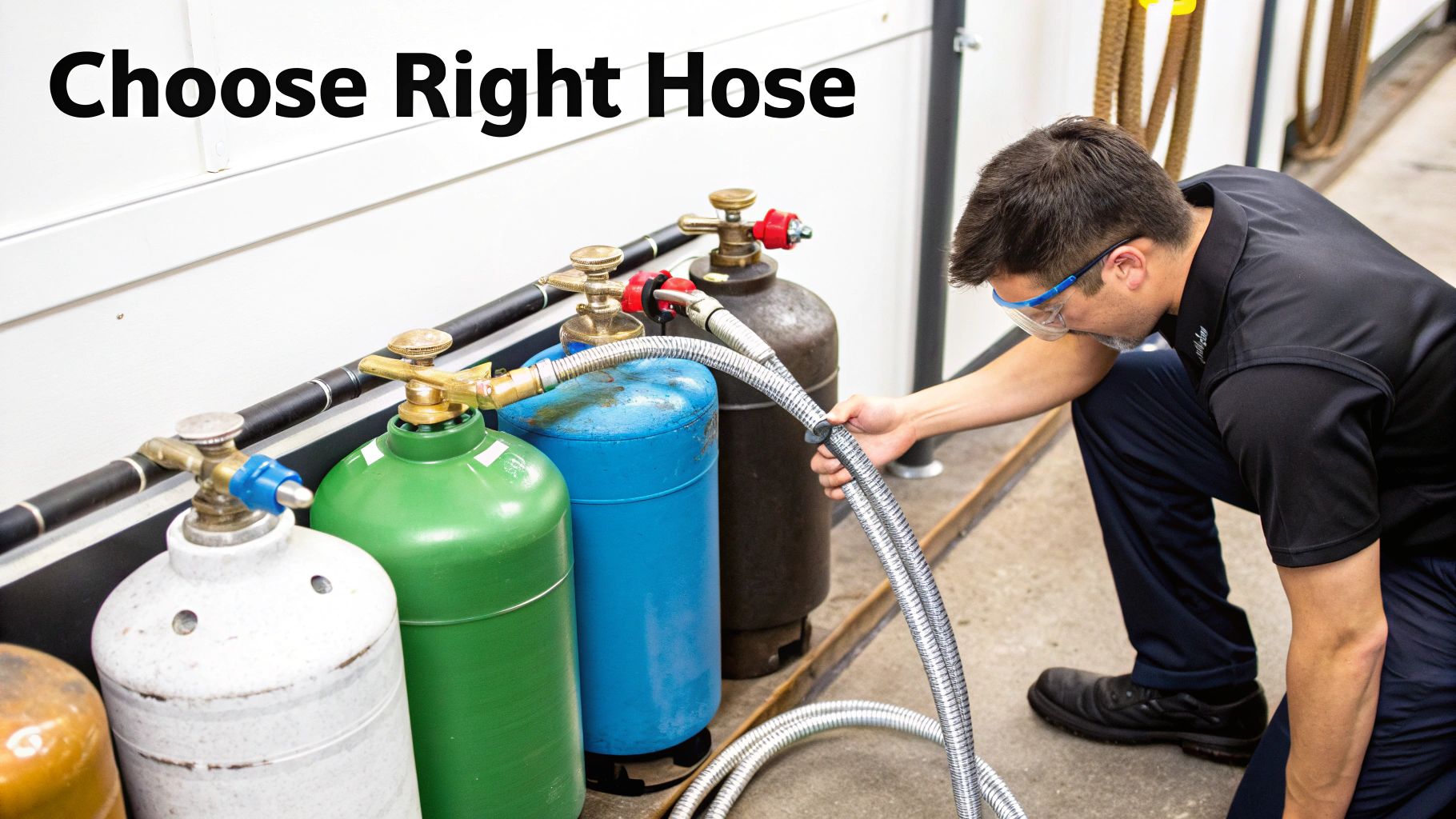 A person in safety glasses connecting a silver hose to multiple industrial gas cylinders.