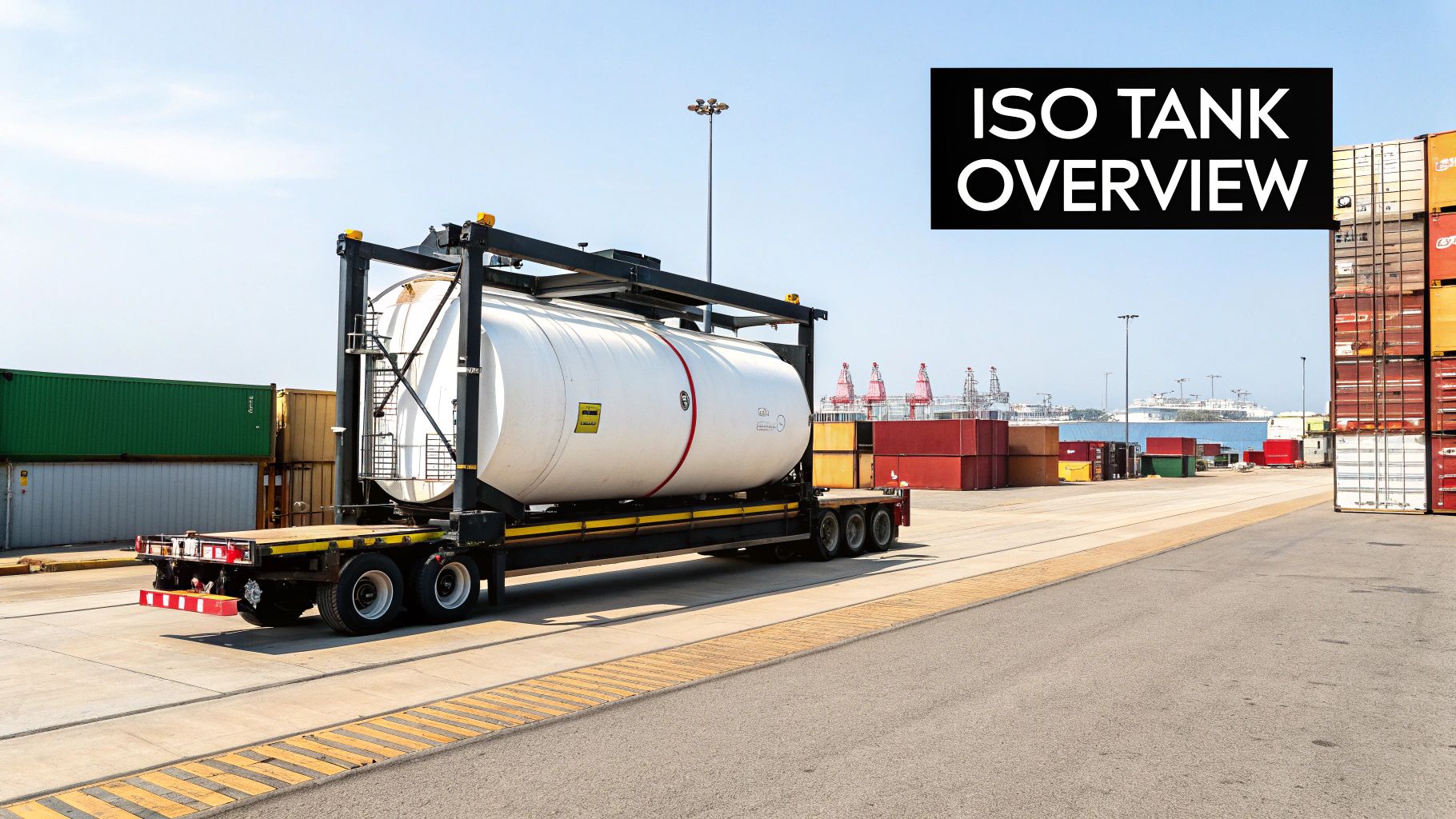 White ISO tank container on a truck trailer at a sunny port with stacked shipping containers.