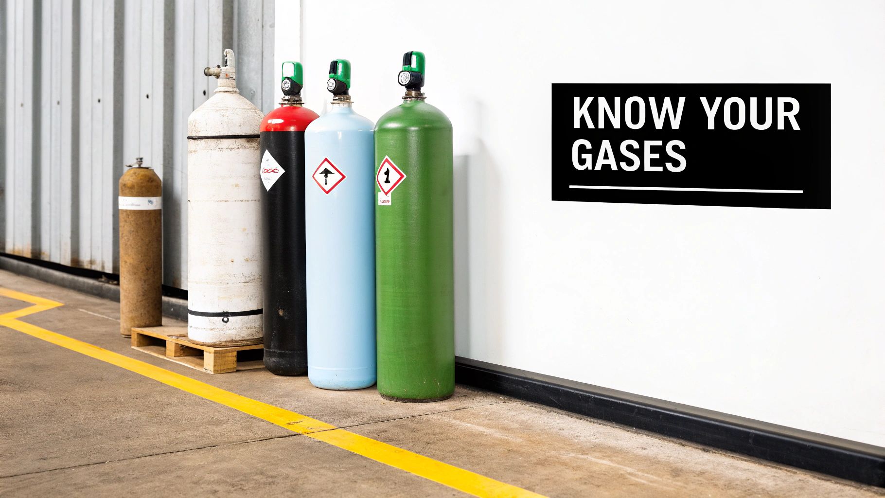 Five industrial gas cylinders of various colors against a white wall with a 'Know Your Gases' sign.