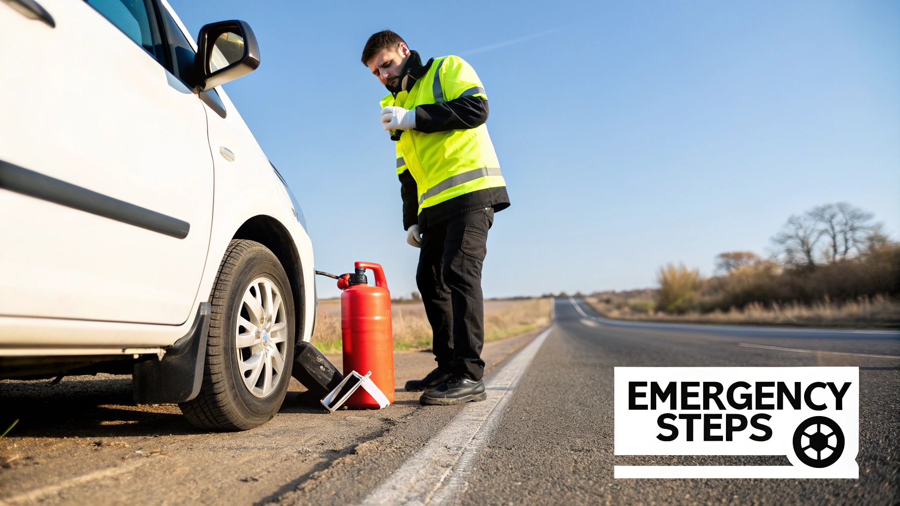 A man in a high-vis vest refuels a white car with a red gas can on a roadside.