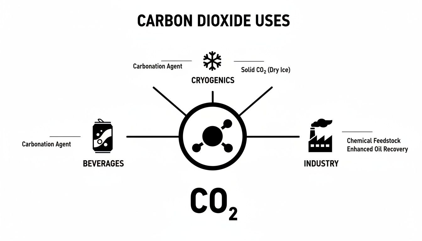Infographic illustrating the diverse uses of carbon dioxide in beverages, cryogenics, and industry.