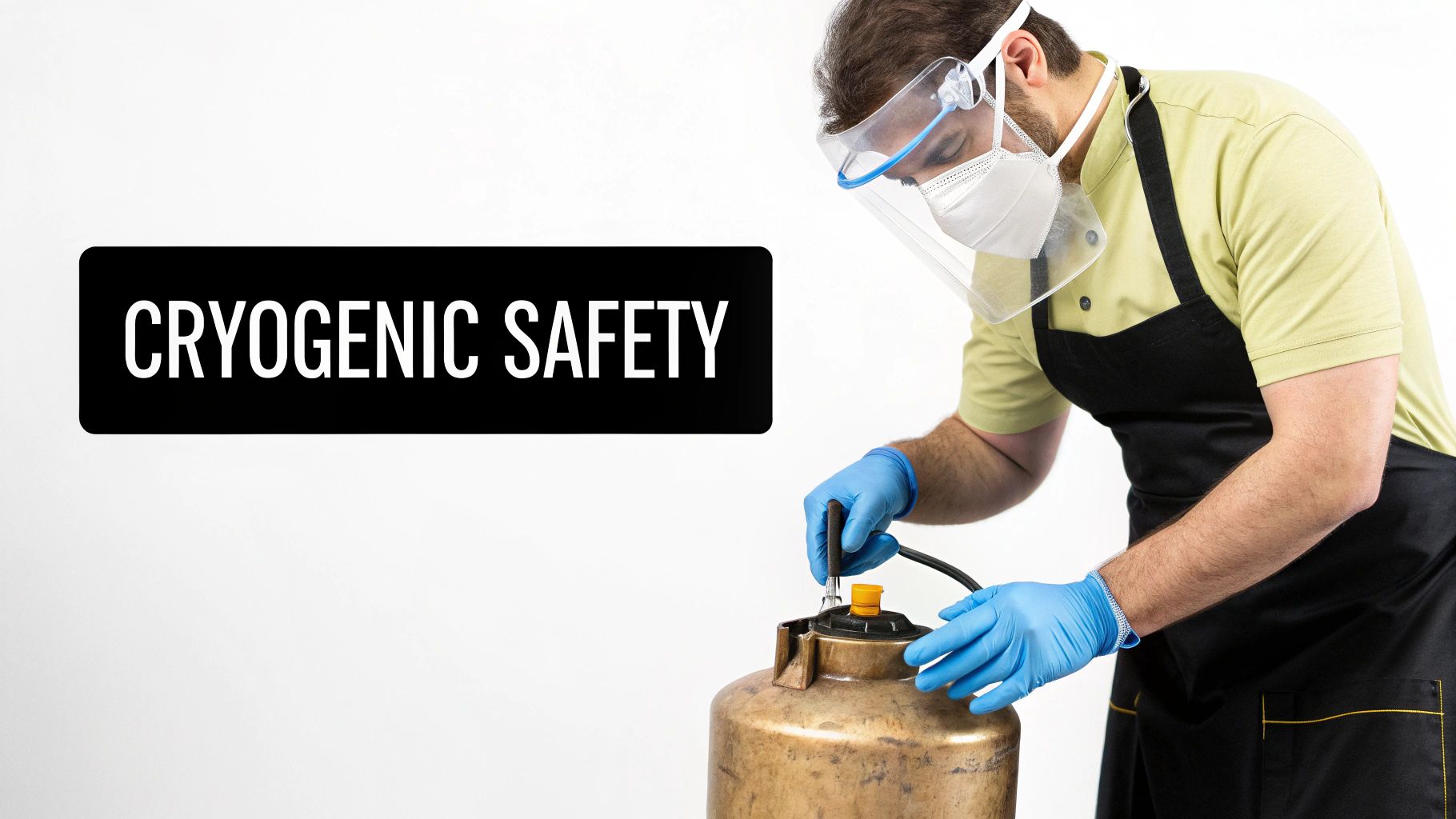 A person in PPE handles a cryogenic container, with a 'CRYOGENIC SAFETY' sign prominent.