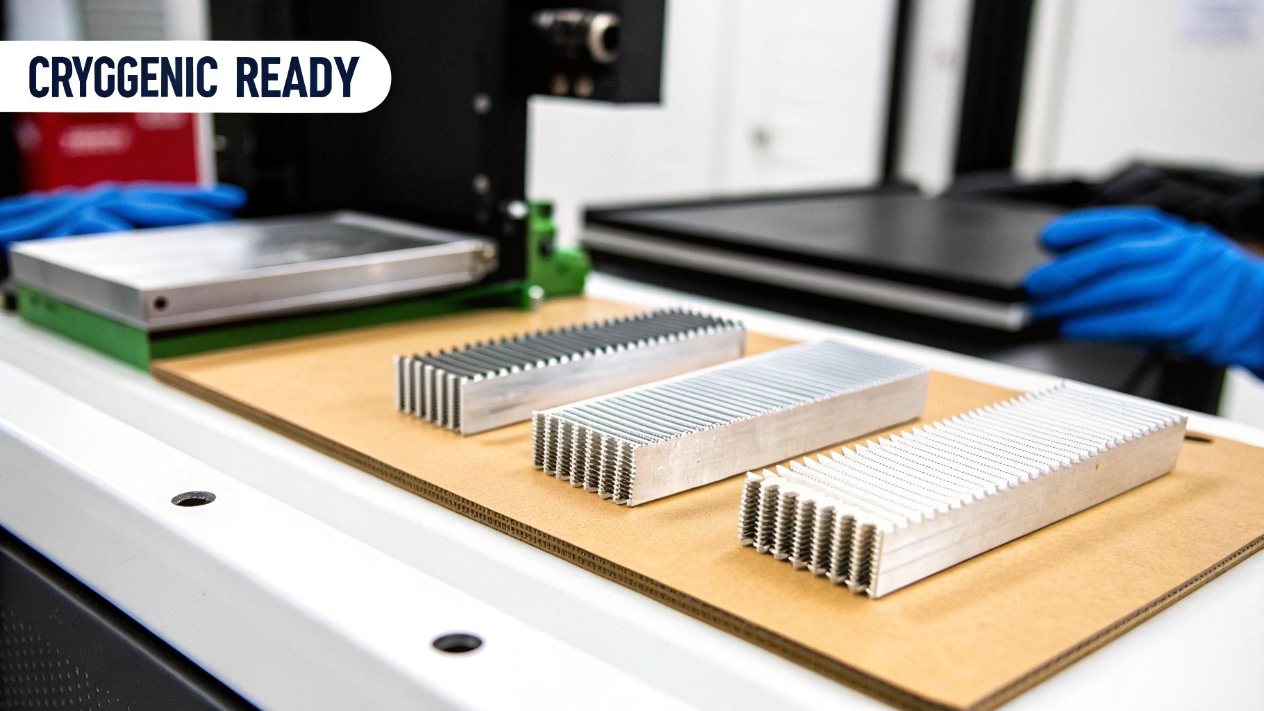 Close-up of three finned metal components, labeled 'CRYGGENIC READY', likely for heat exchange applications.