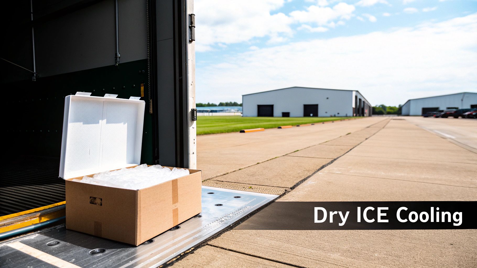An open cardboard box filled with dry ice in an insulated container at a cargo vehicle's entrance, ready for transport.