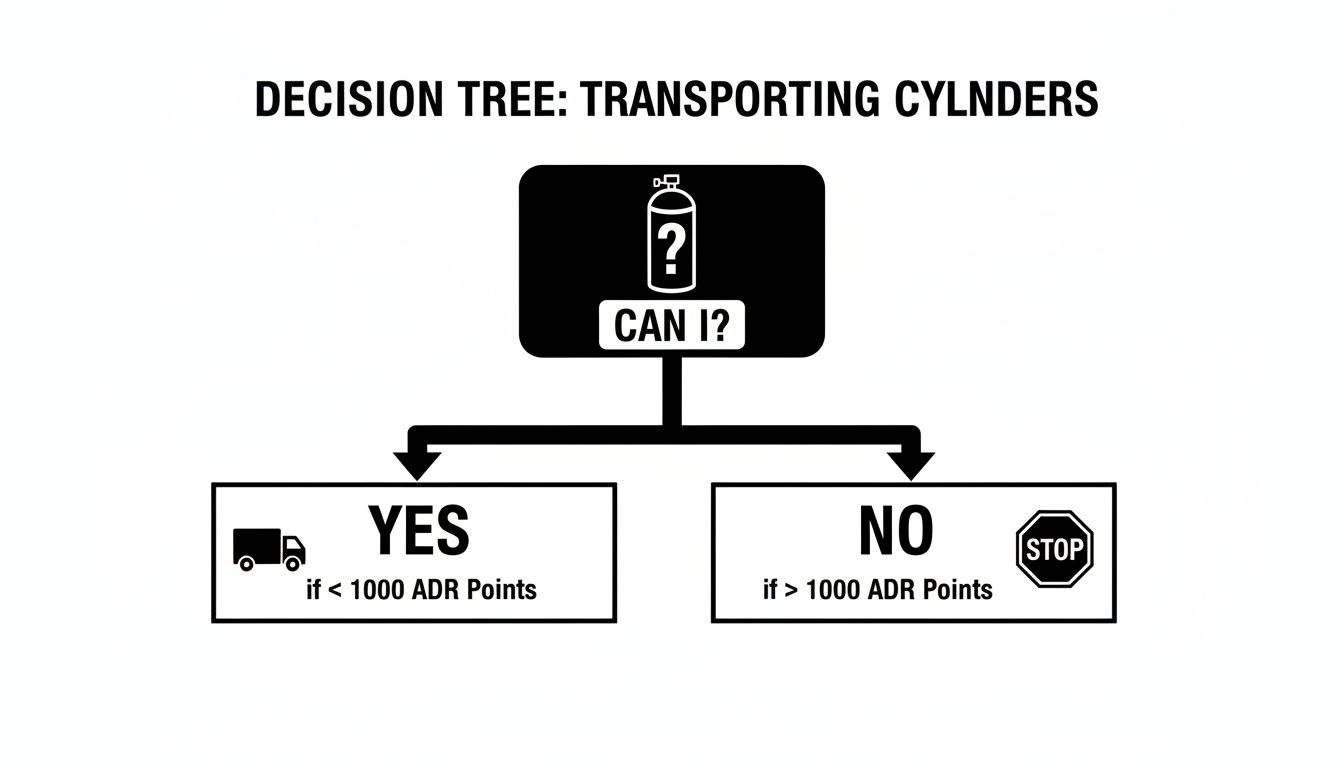 A decision tree illustrates whether gas cylinders can be transported based on ADR points.