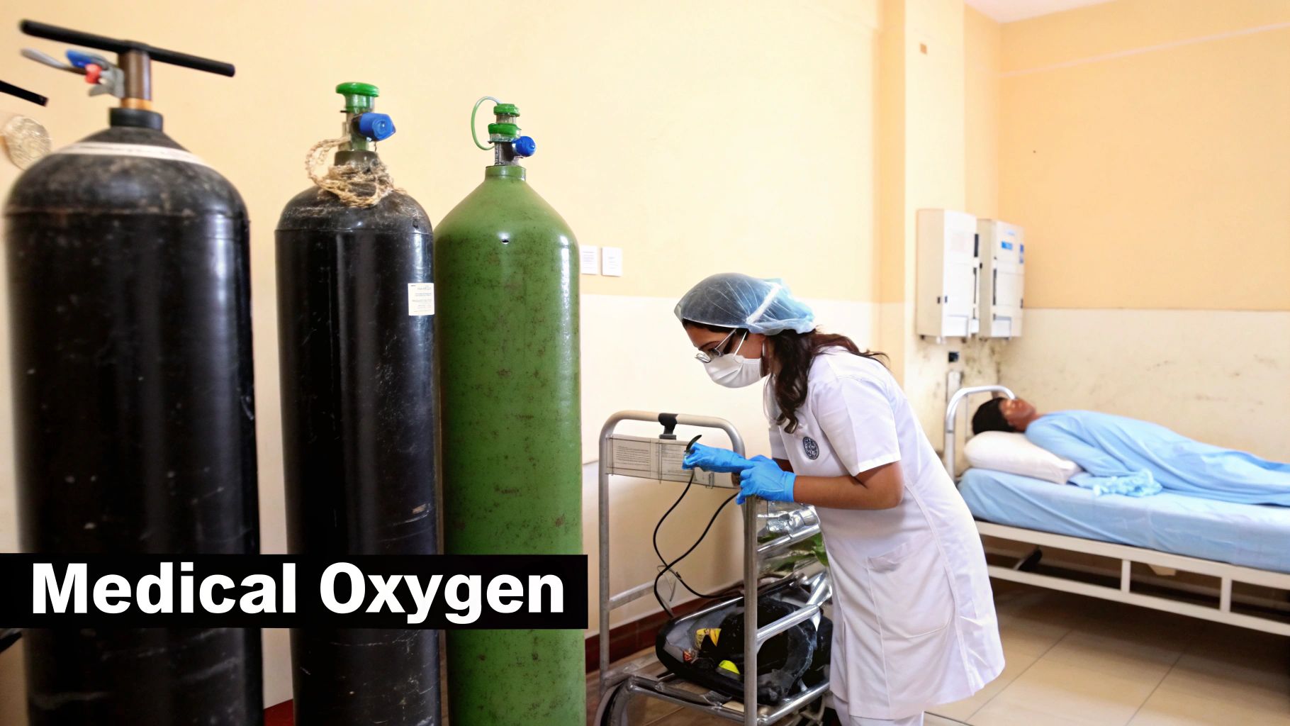 A nurse adjusts medical equipment near oxygen tanks in a hospital room with a patient.