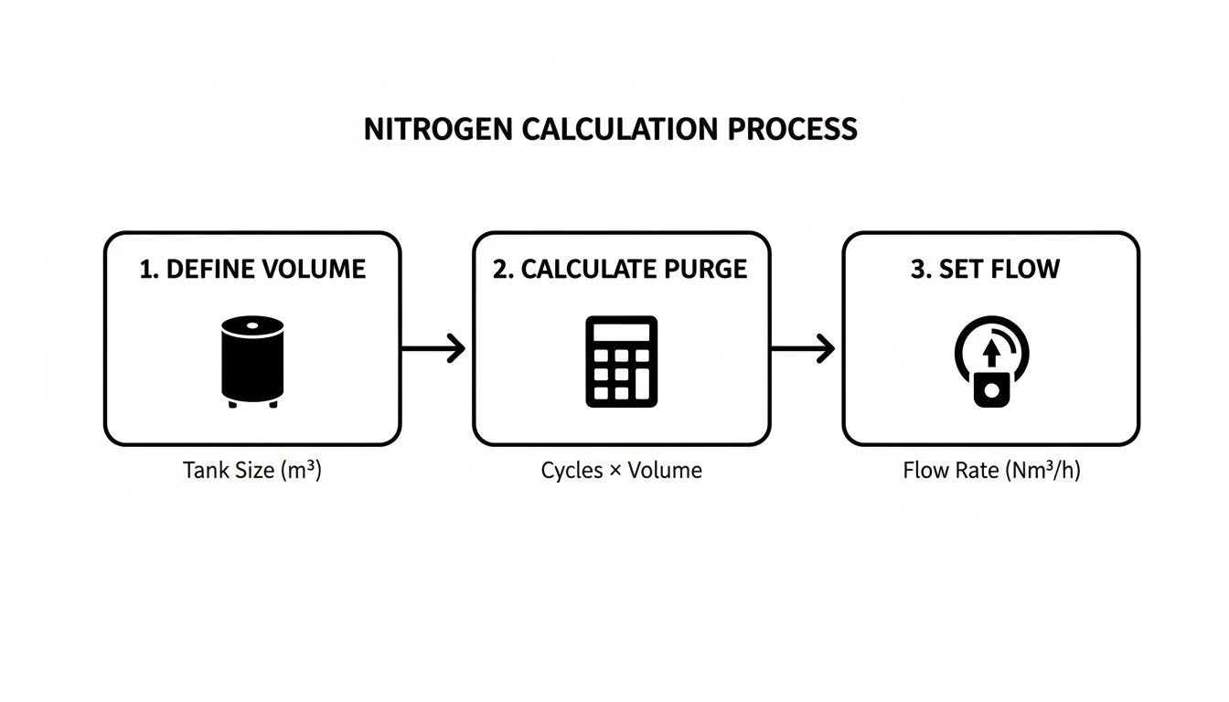 Flowchart illustrating the nitrogen calculation process for purging, including defining volume, calculating purge, and setting flow rate.