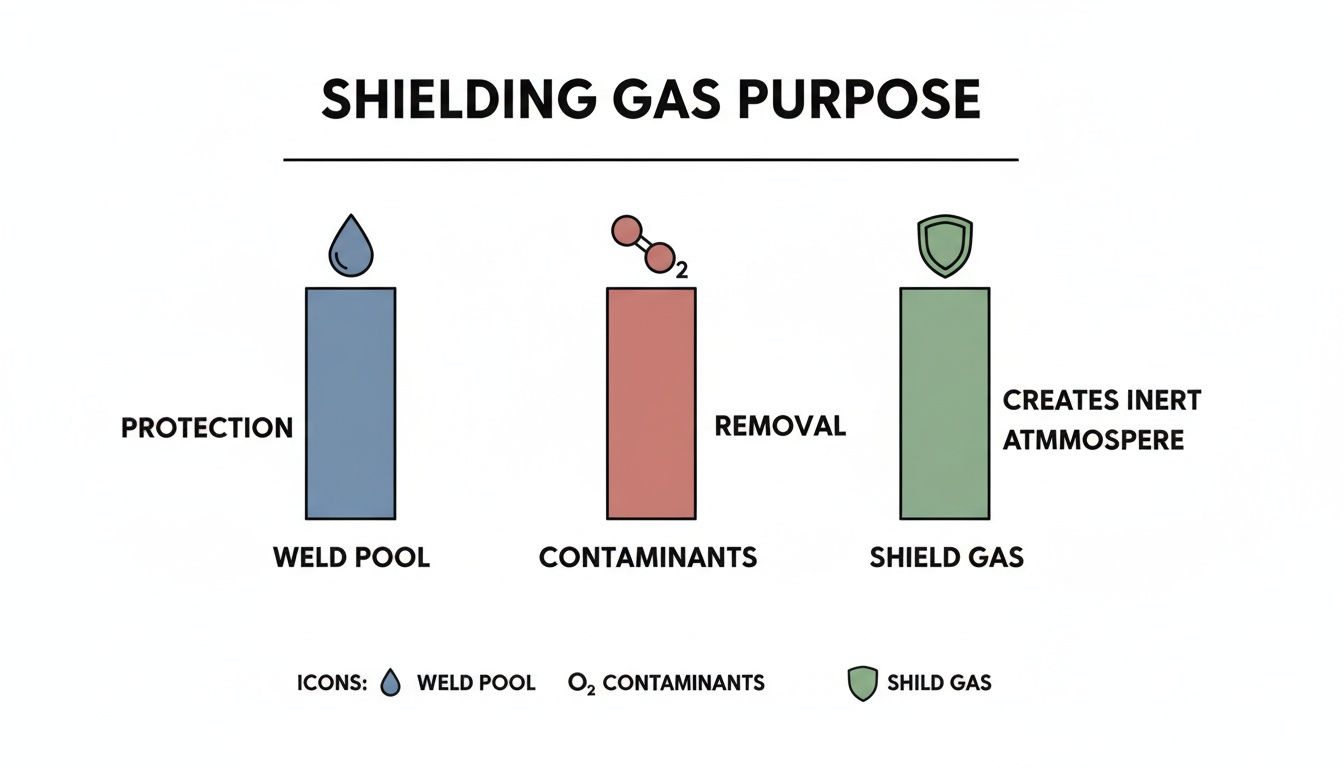 Diagram illustrating shielding gas purpose: protecting weld pool, removing contaminants, and creating an inert atmosphere.