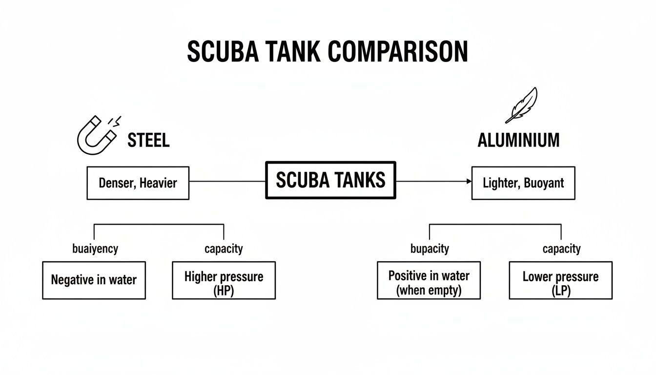 A diagram comparing steel and aluminum scuba tanks, detailing their buoyancy and pressure capacity.