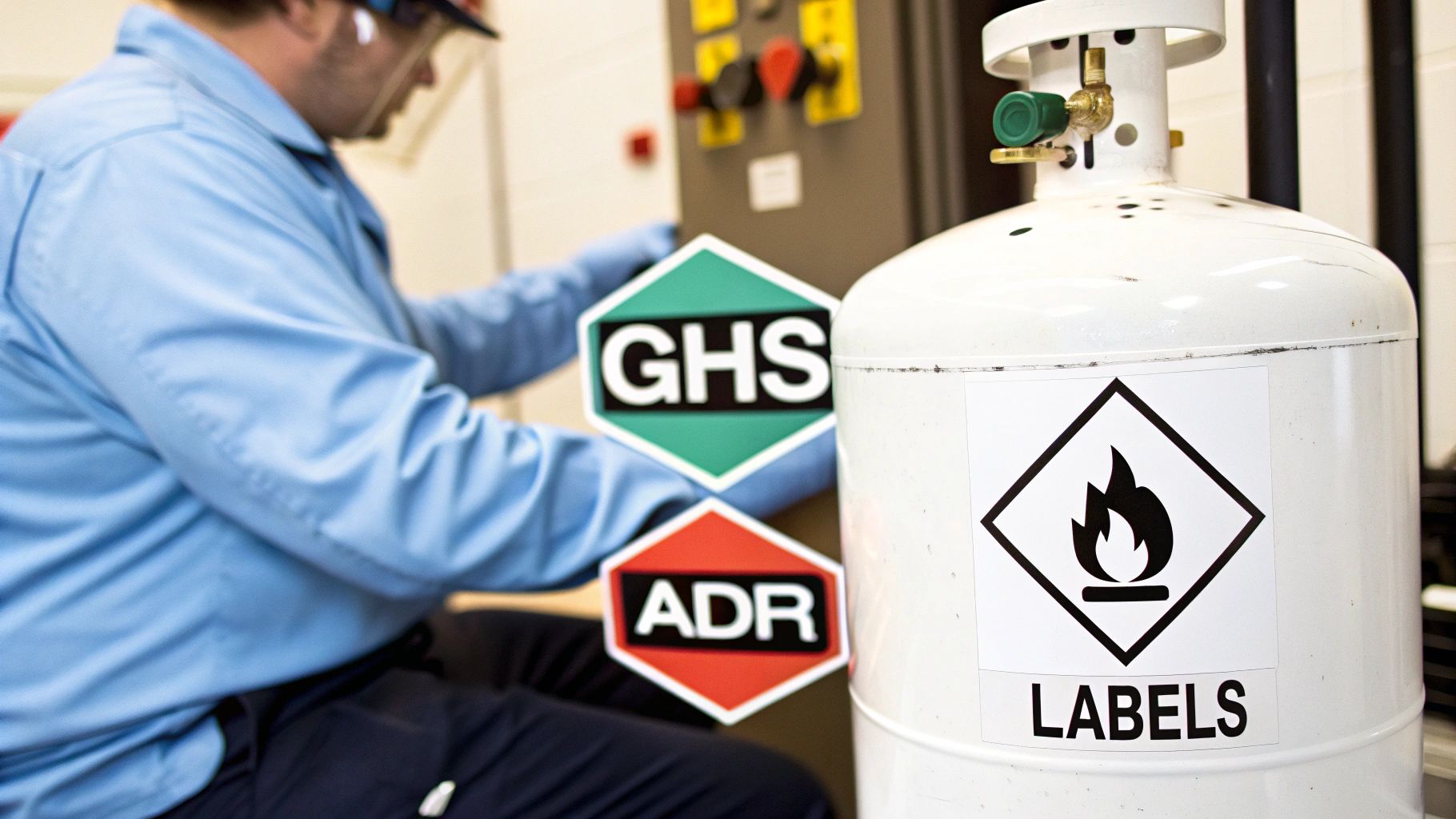 Worker with a gas cylinder, GHS and ADR labels, emphasizing chemical safety.