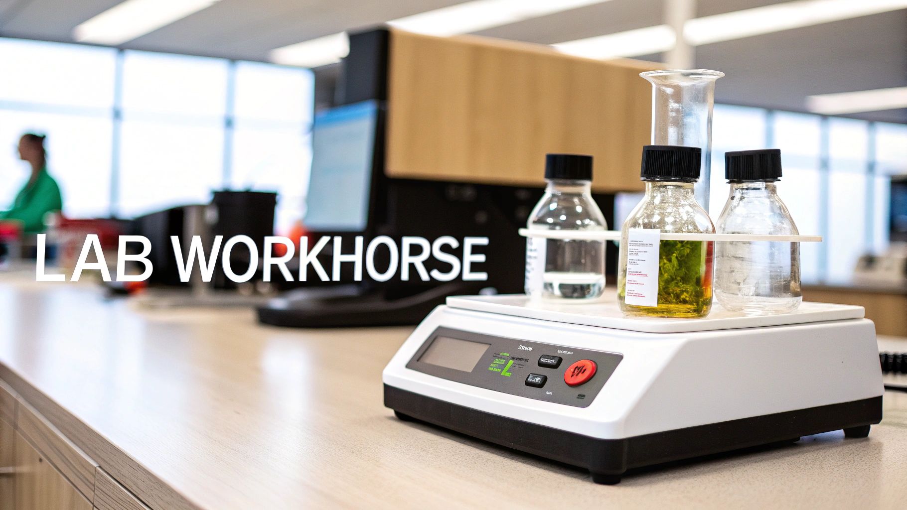 A lab orbital shaker with multiple bottles, one containing a green liquid, in a modern laboratory setting.