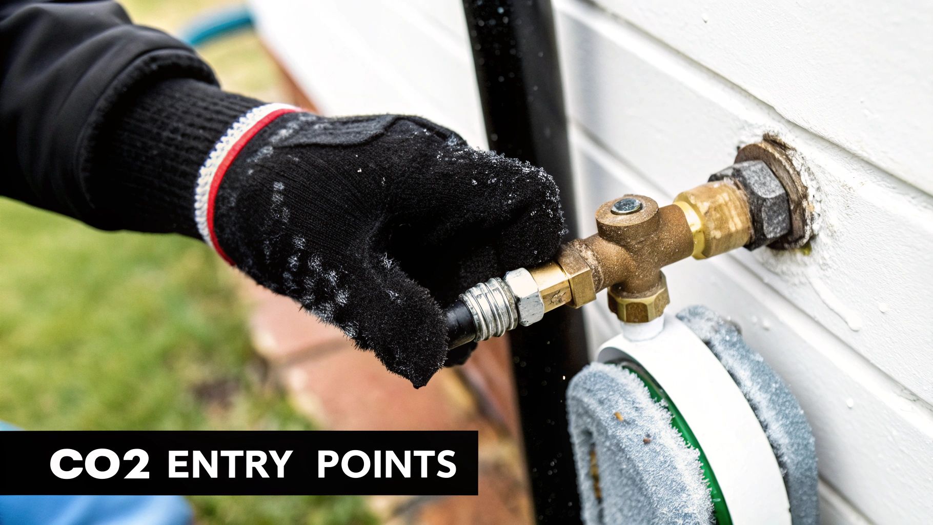 A gloved hand connects a frosted hose to a brass CO2 valve attached to a white wall.
