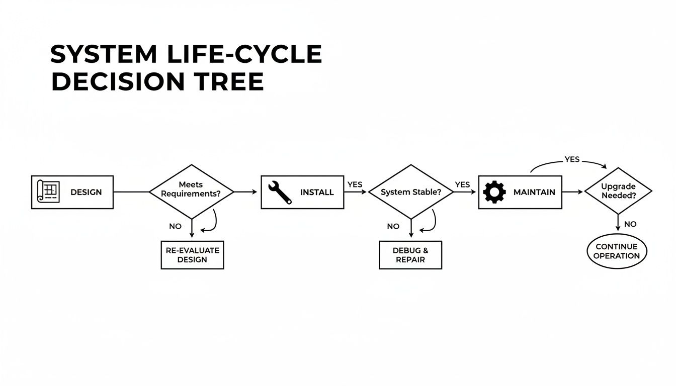 Flowchart illustrating a system life-cycle decision tree, covering design, installation, maintenance, and upgrades.