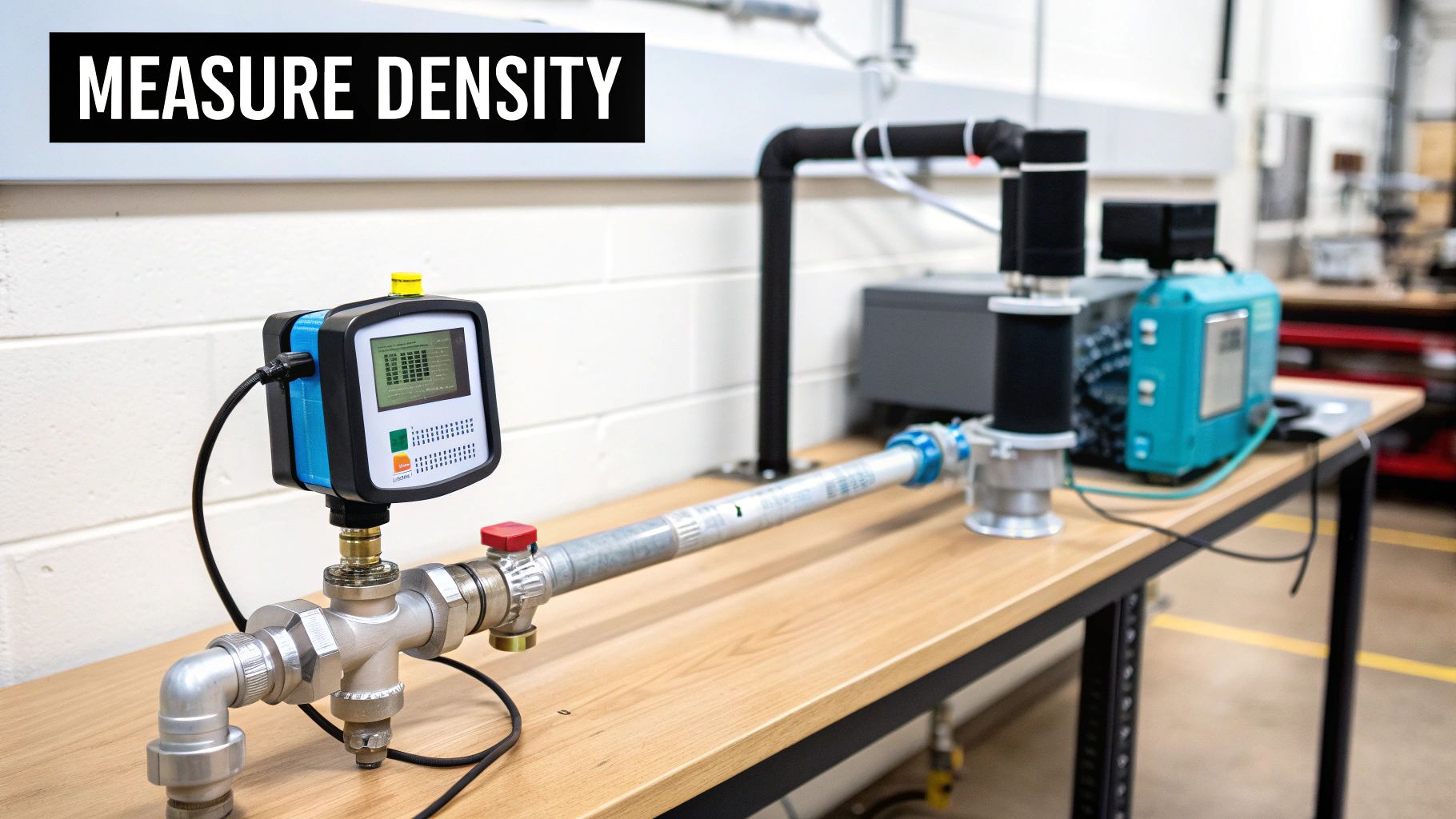 A lab setup demonstrating density measurement with a flow meter and connected pipes on a wooden bench.