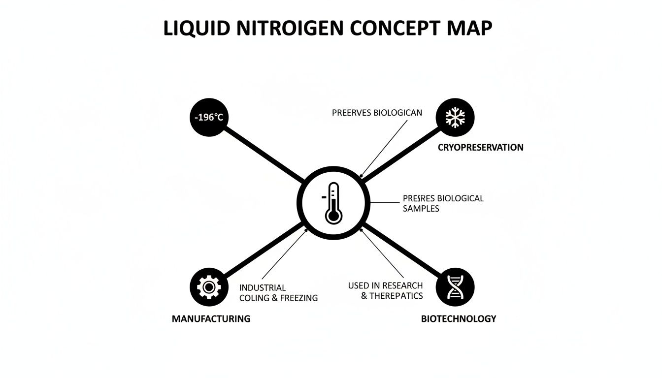 Concept map illustrating liquid nitrogen's -196°C temperature and applications in cryopreservation, manufacturing, and biotechnology.