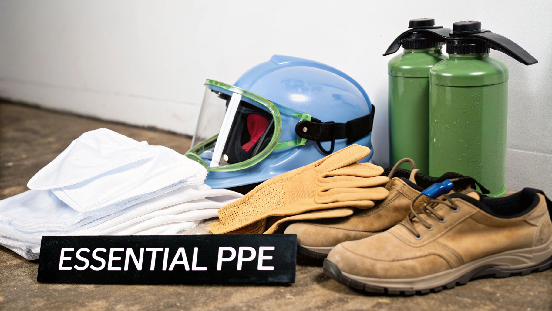 A collection of essential personal protective equipment: blue hard hat, gloves, safety shoes, and canisters.