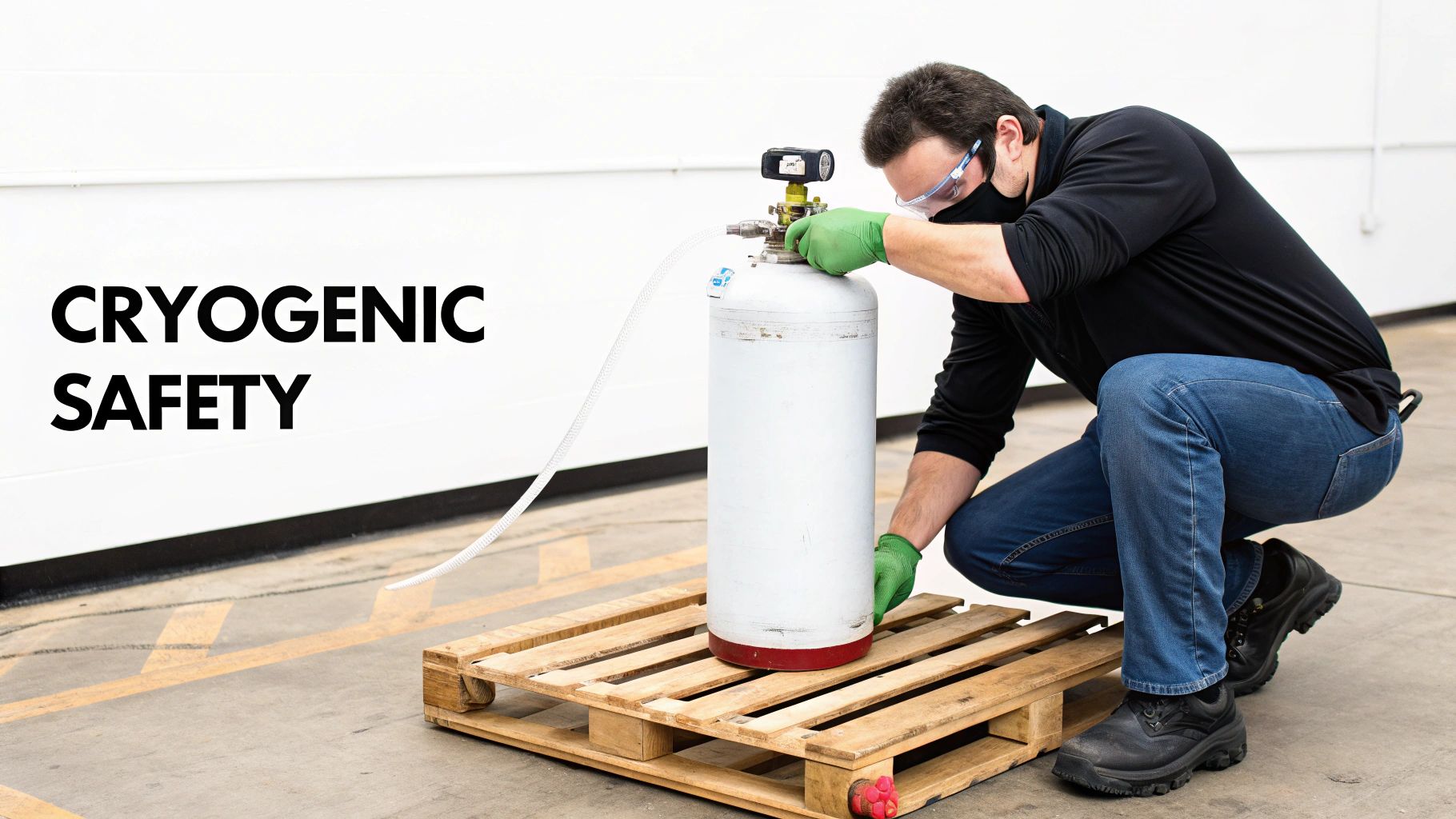 A man in safety gear handles a white cryogenic cylinder on a wooden pallet, emphasizing cryogenic safety.