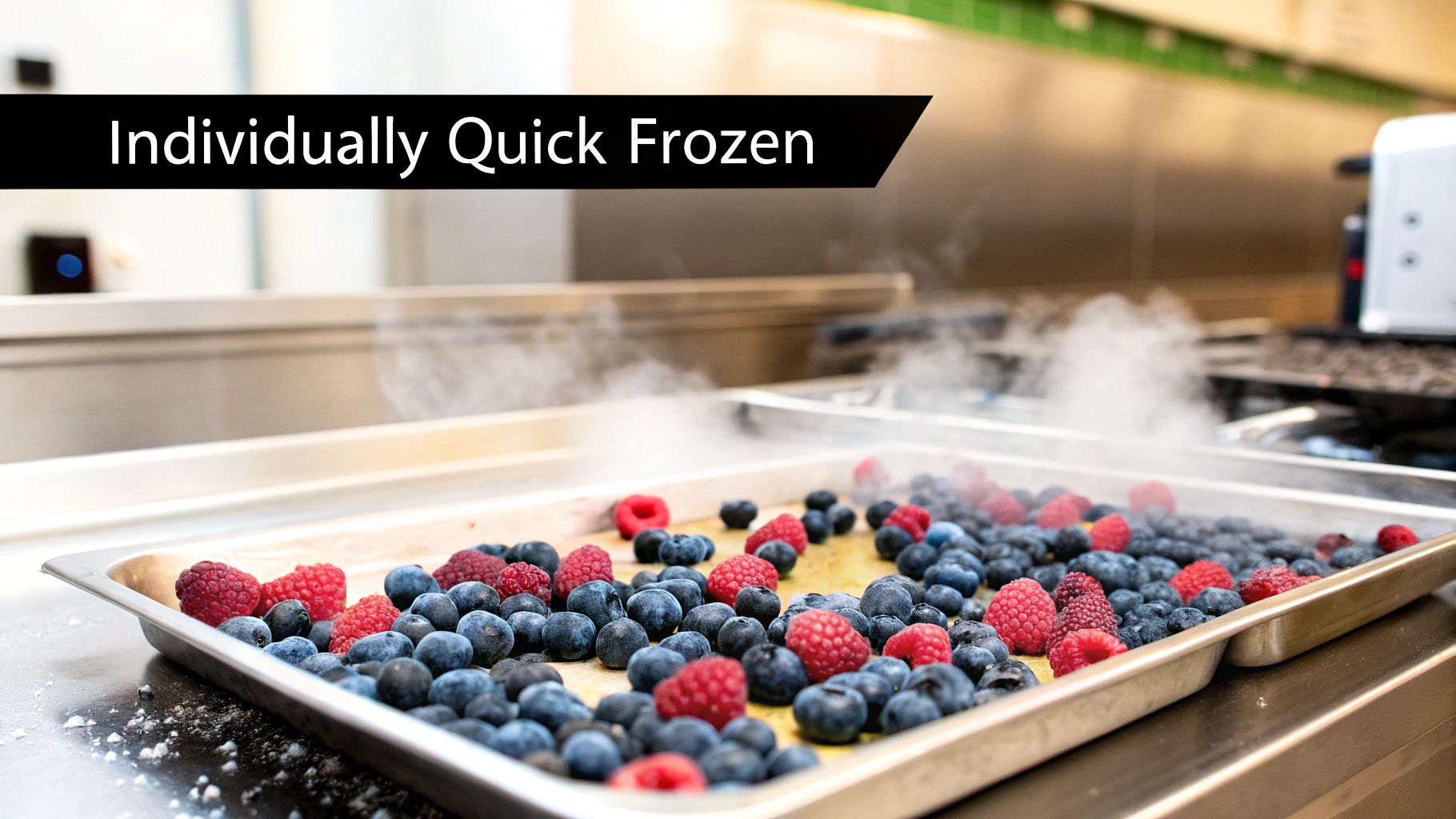 Close-up of a metal tray filled with individually quick frozen blueberries and raspberries, with steam rising.