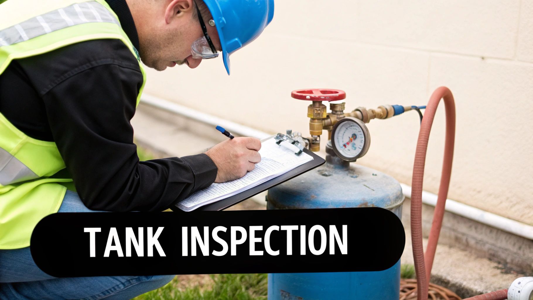 A safety inspector in a hard hat and vest records data during a gas tank inspection.