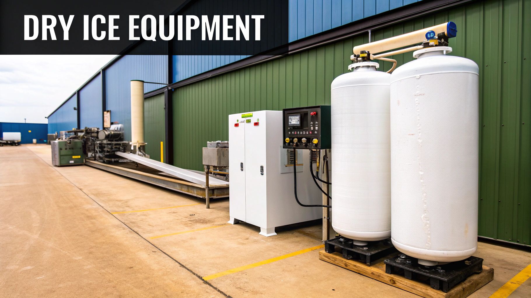Industrial dry ice manufacturing equipment, including tanks and machinery, outside a factory building.