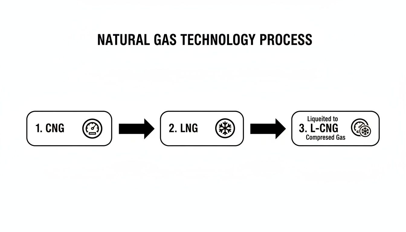 Flowchart illustrating the natural gas technology process: CNG, LNG, and L-CNG compressed gas.