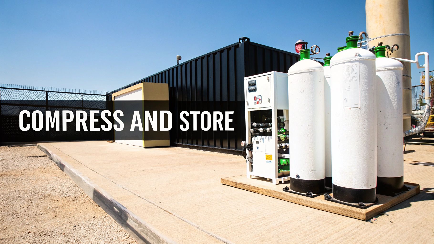 Industrial facility with large white gas cylinders and a black building for compressing and storing gas.