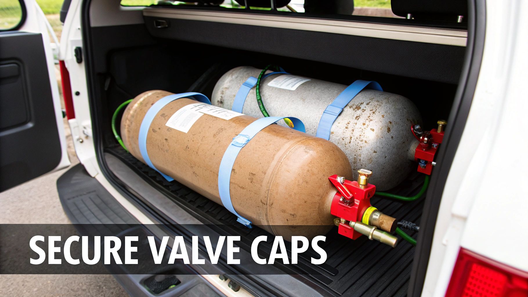 Two large gas tanks with red valve systems are safely secured in a car's cargo area.