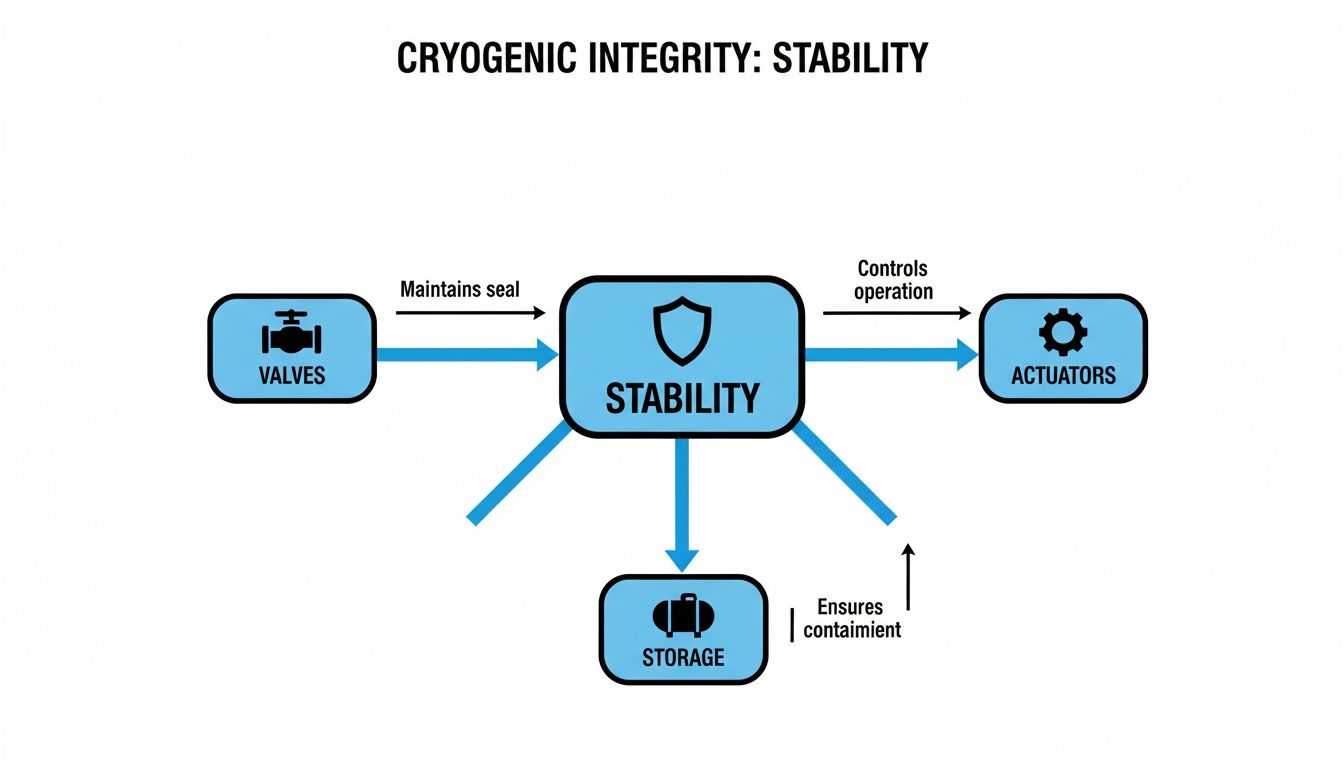 Flowchart illustrating cryogenic integrity stability, showing how valves, actuators, and storage interact.